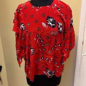NWT Zadig & Voltaire Red Floral Paisley Ruffle Silk Blouse  S